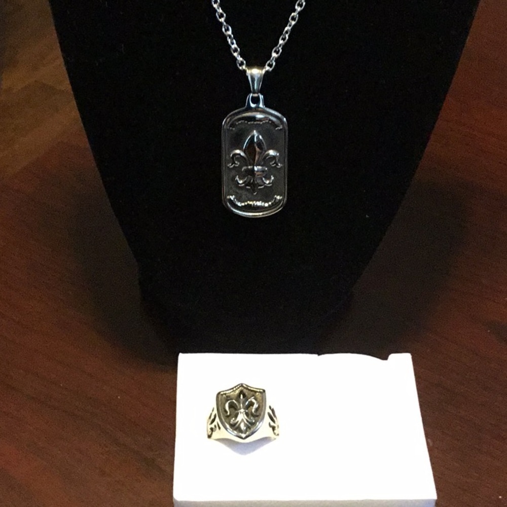 Black and Silver Oxidized Stainless Steel Men's Ring and Necklace Set